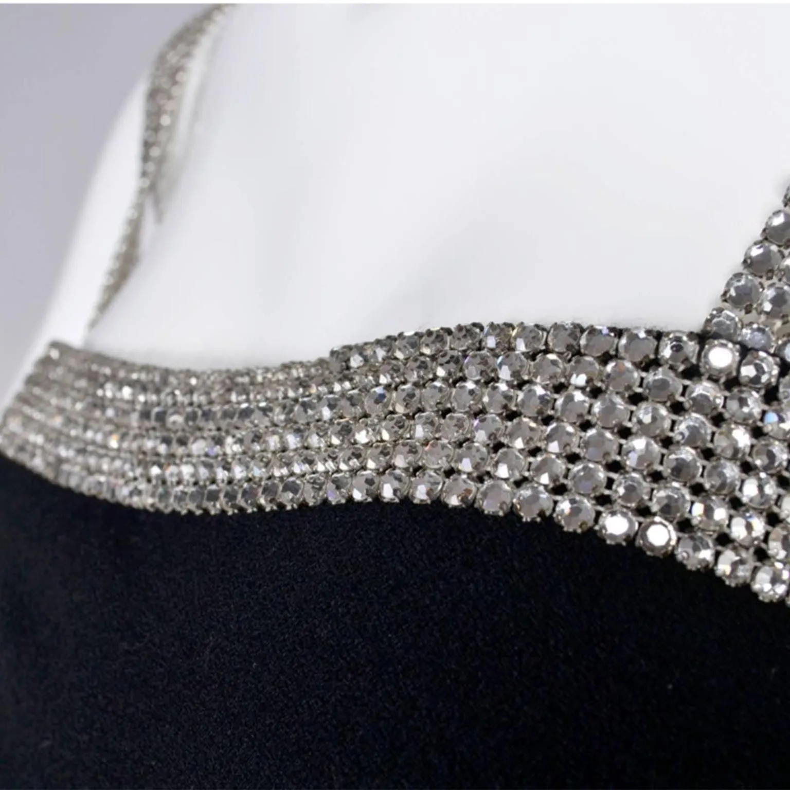 1970s Vintage I Magnin Black Evening Gown Dress W/ 6 Rows of Rhinestones