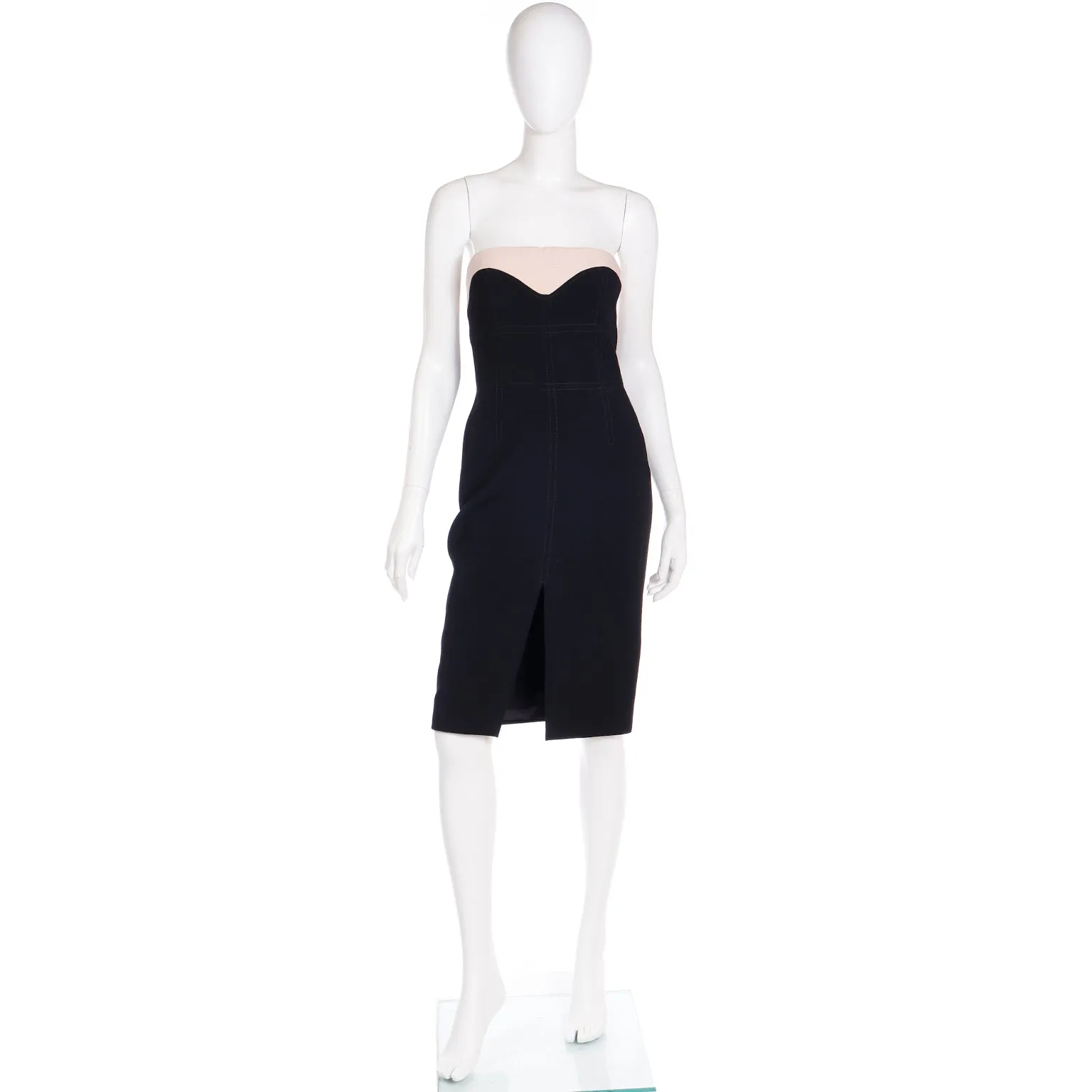 2000s Alexander Mcqueen Strapless Fitted Black Dress w Beige Trim