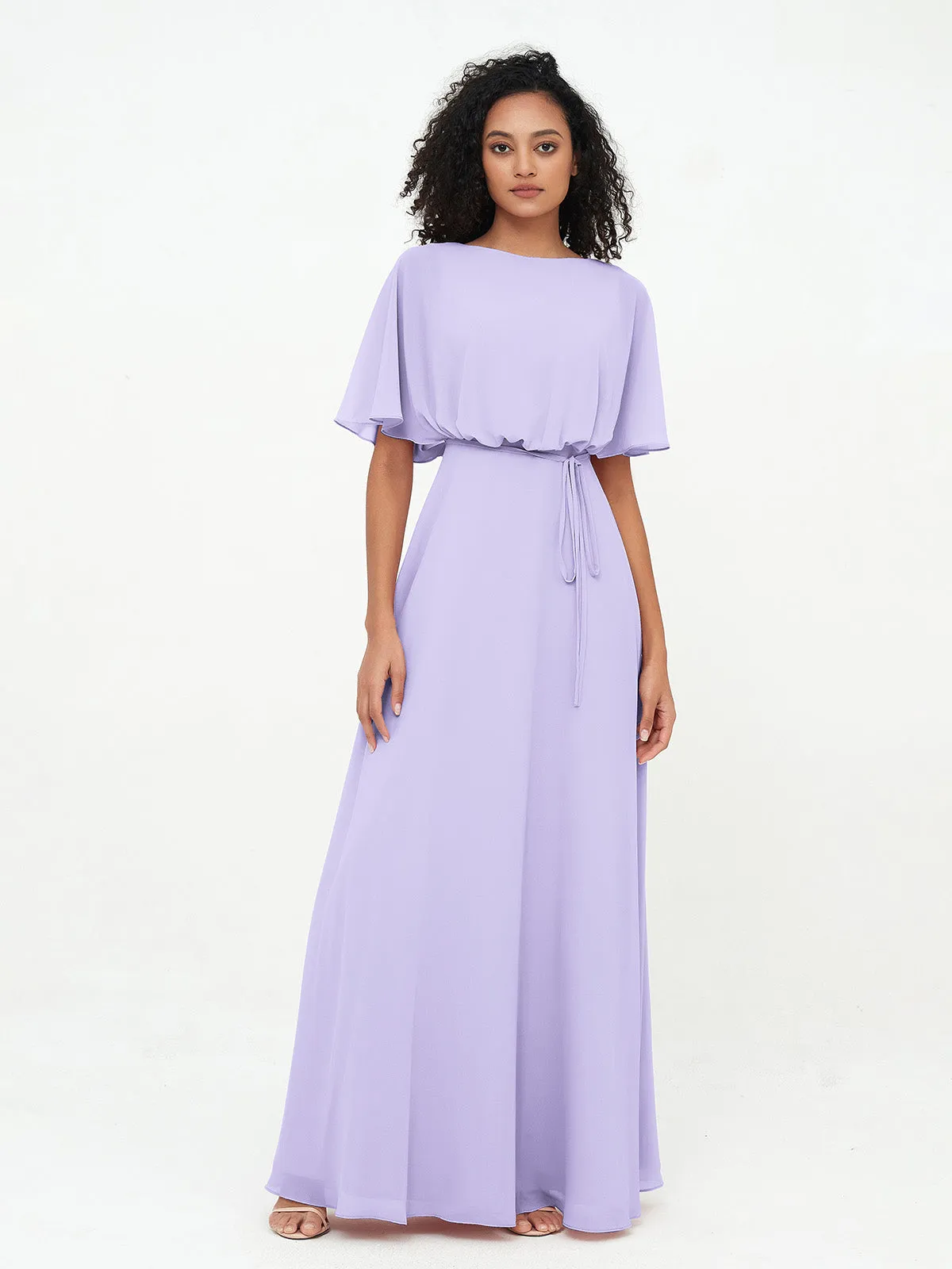 Chiffon Full Length Bridesmaid Dresses with Wrap Lilac