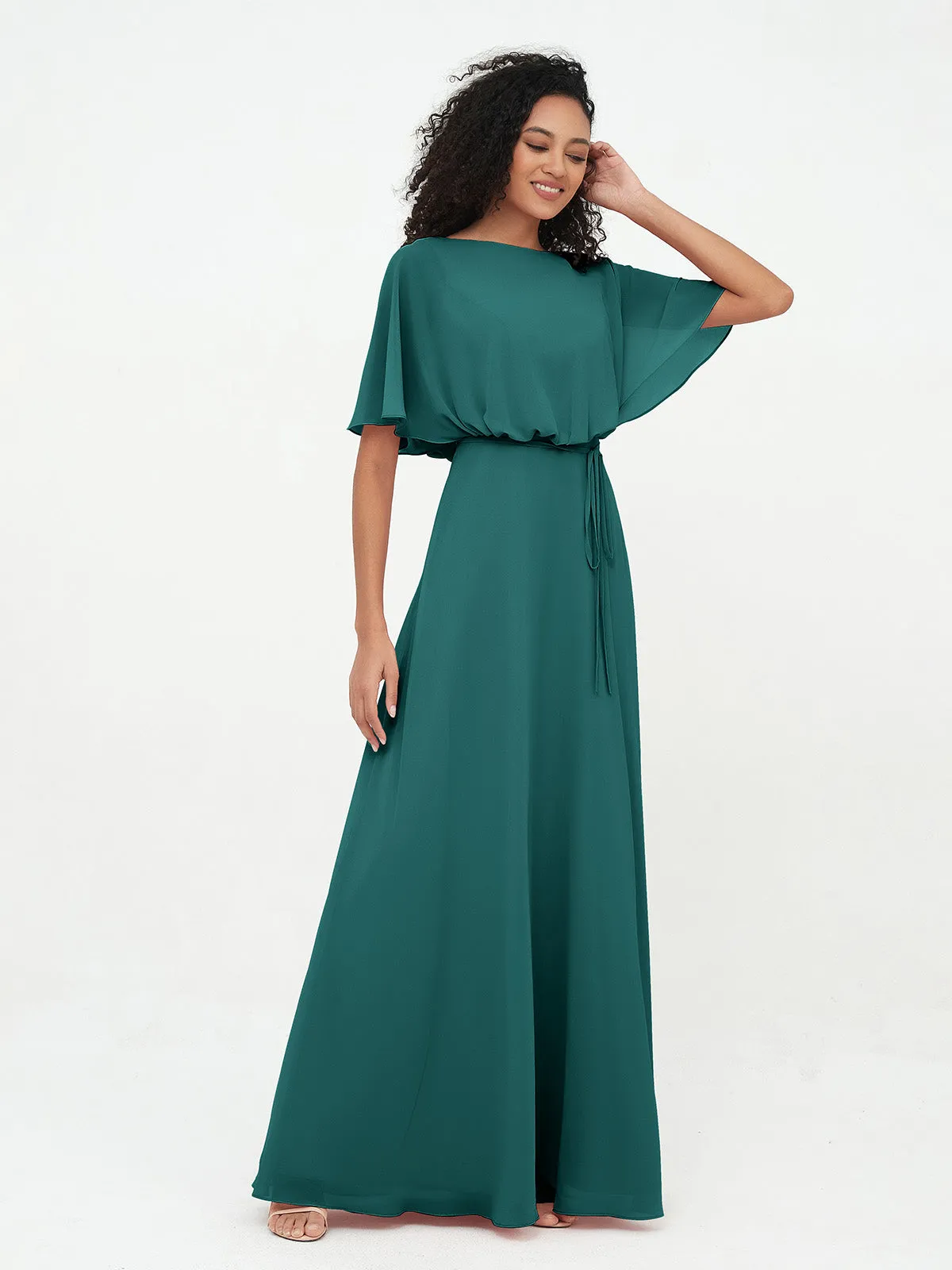 Chiffon Full Length Bridesmaid Dresses with Wrap Peacock Plus Size
