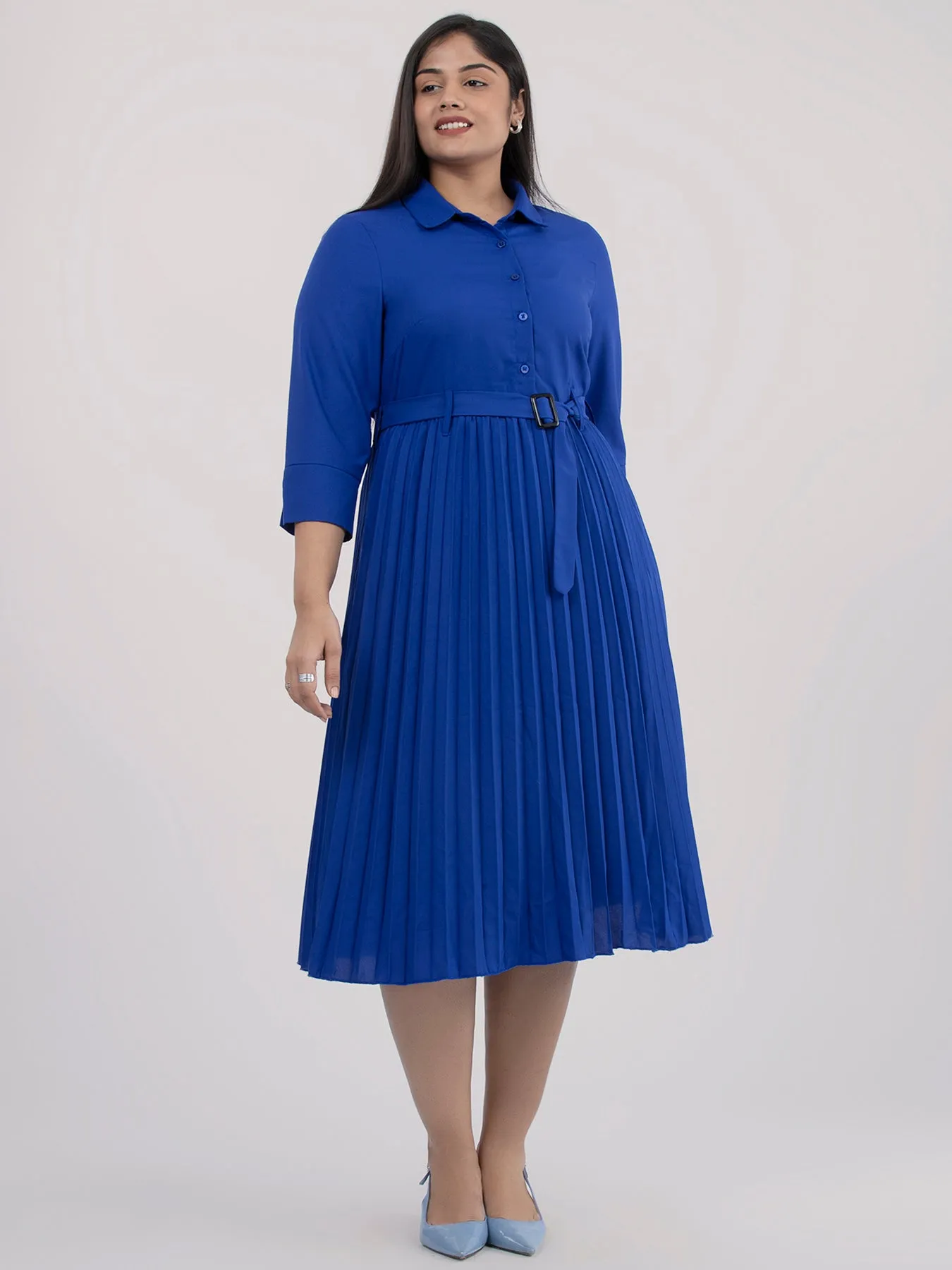 Collared Pleated Fit and Flare Dress - Royal Blue