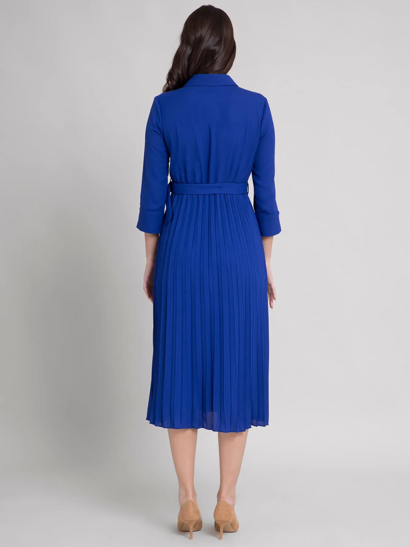 Collared Pleated Fit and Flare Dress - Royal Blue