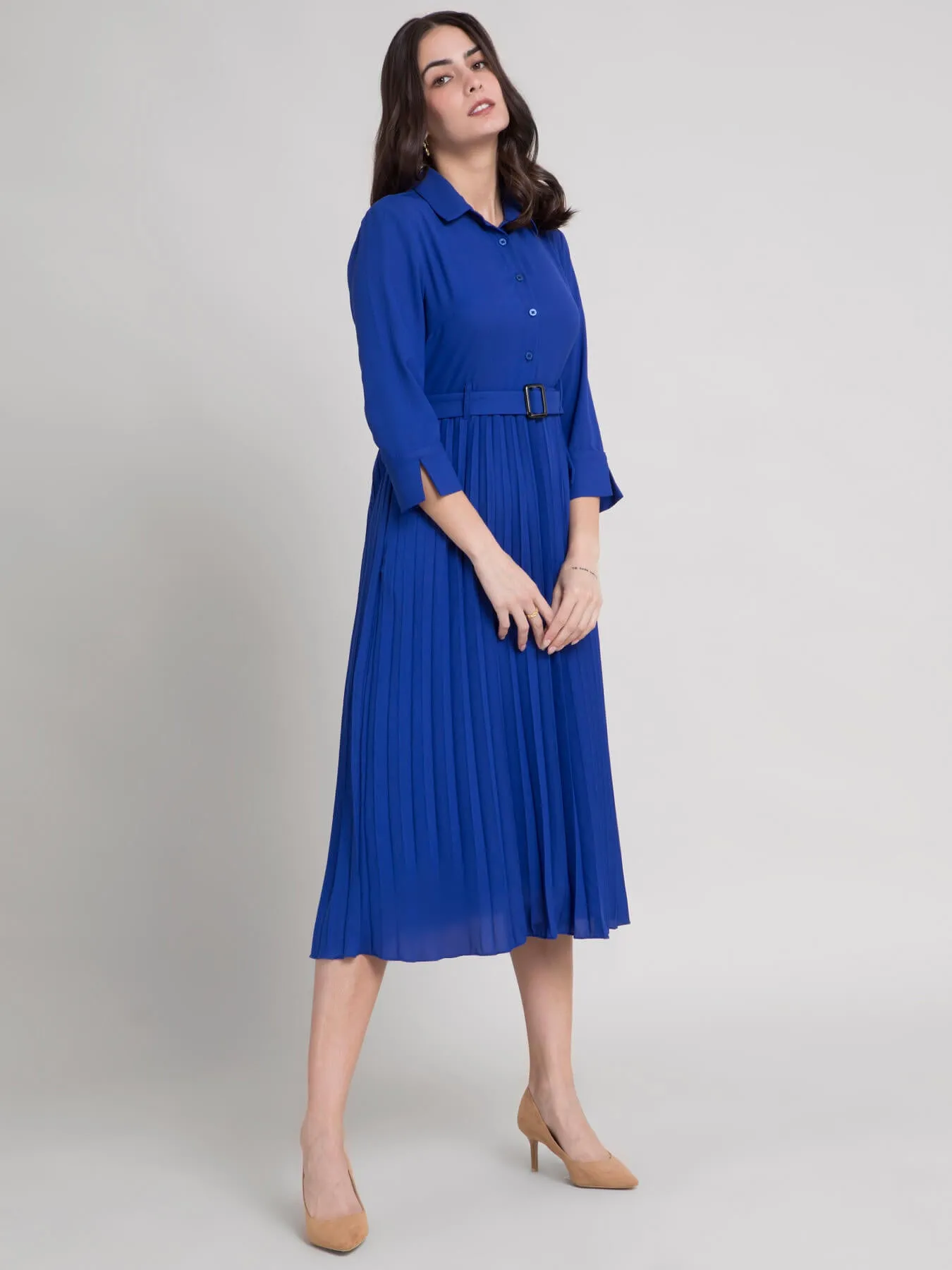 Collared Pleated Fit and Flare Dress - Royal Blue