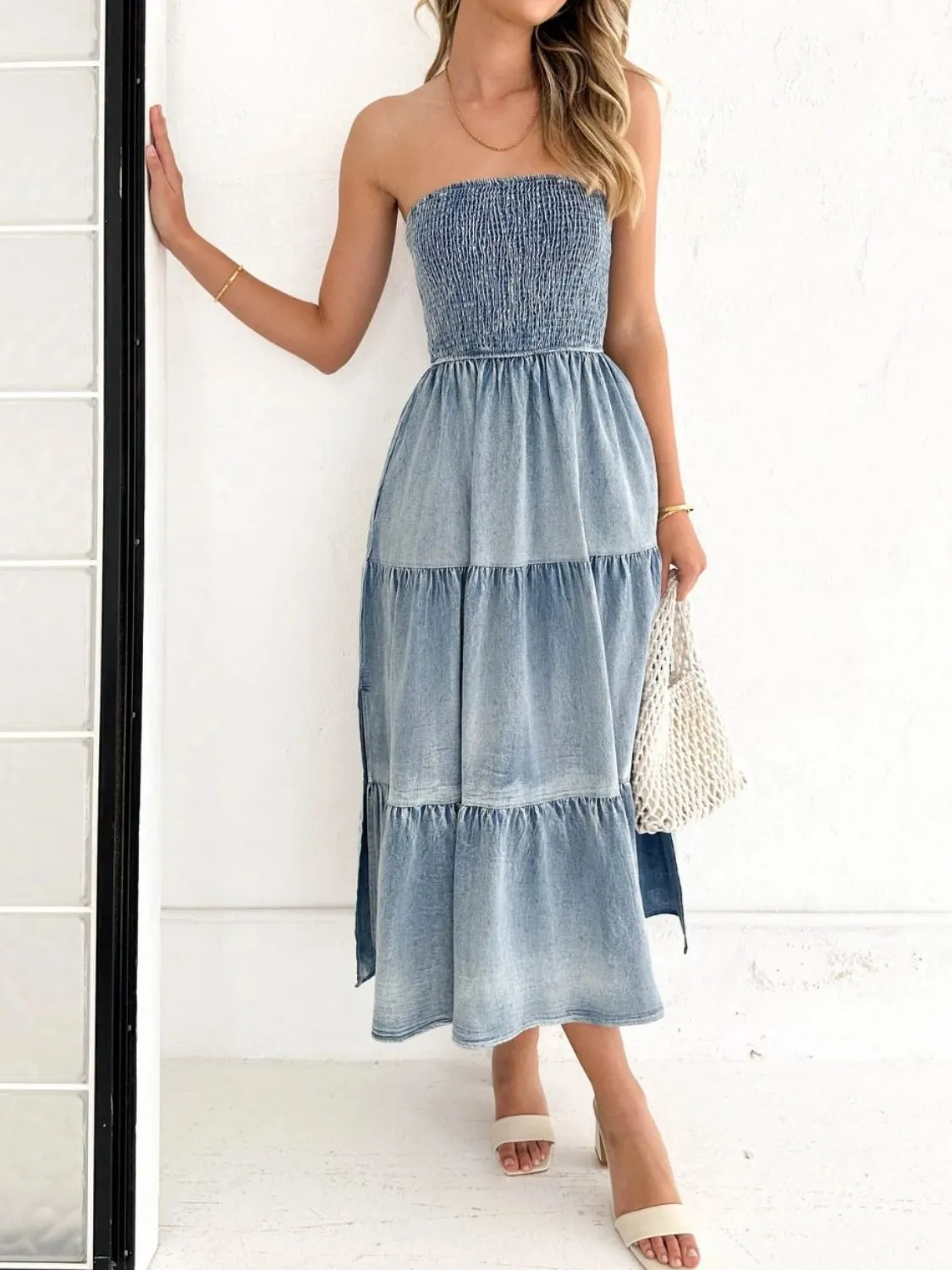 Denim Dress with ruffles and pockets Side Slit Smocked Tube Tiered Long Jean Dress