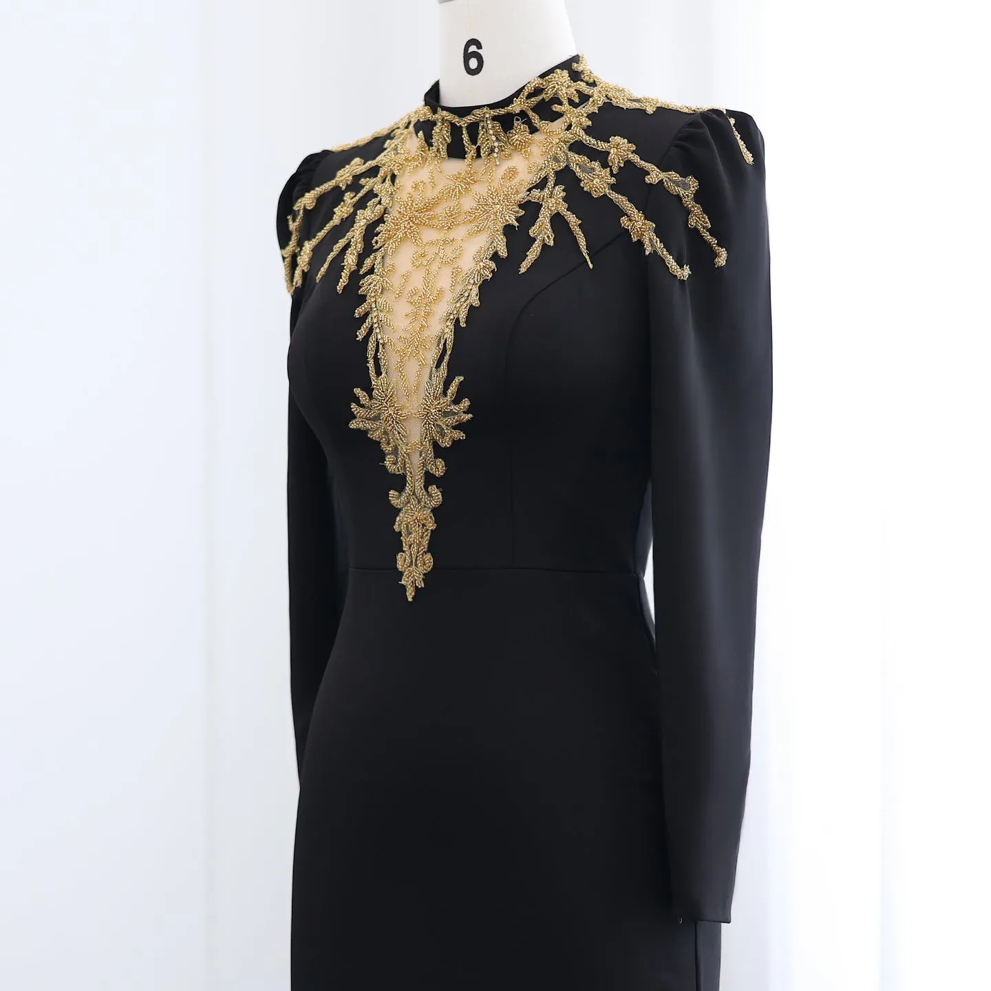 Elegant Black Long Sleeves Evening Dress with Gold Beaded SS217
