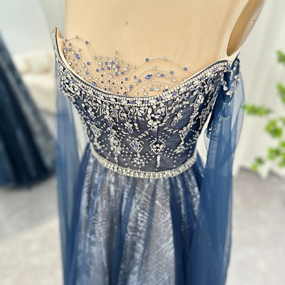 For Sale Blue Evening Dress with Cape Sleeves SS300
