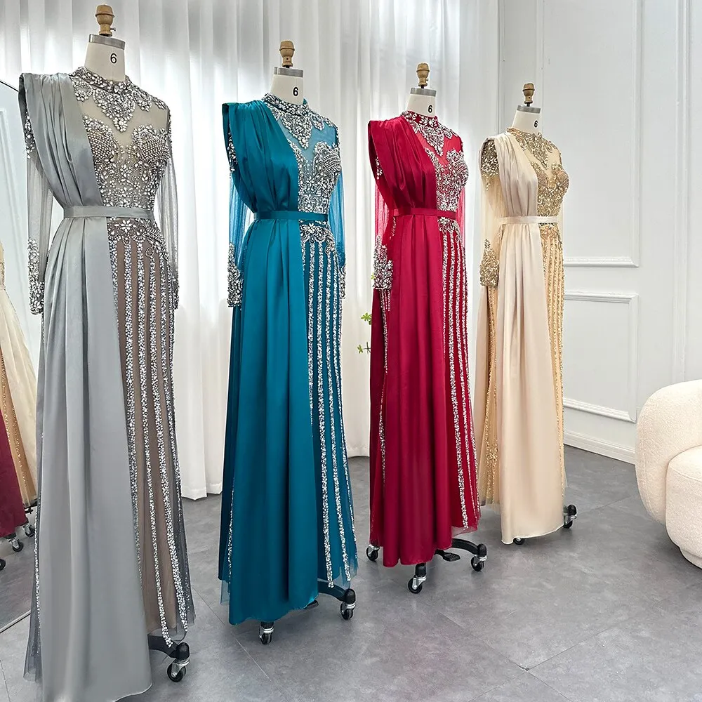 Luxury Crystal Muslim Evening Dress with Overskirt SS013