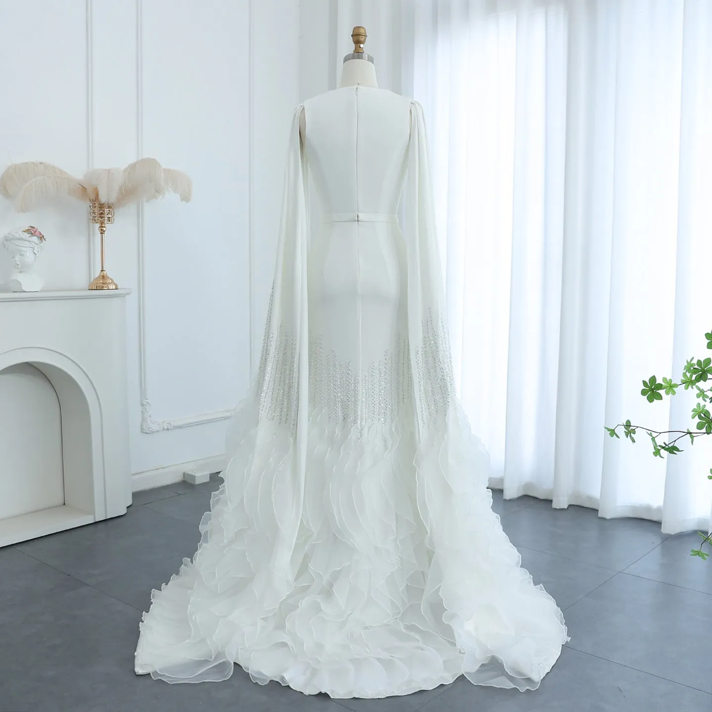 Luxury Nude Ruffles Evening Dress with Cape Sleeves SS440