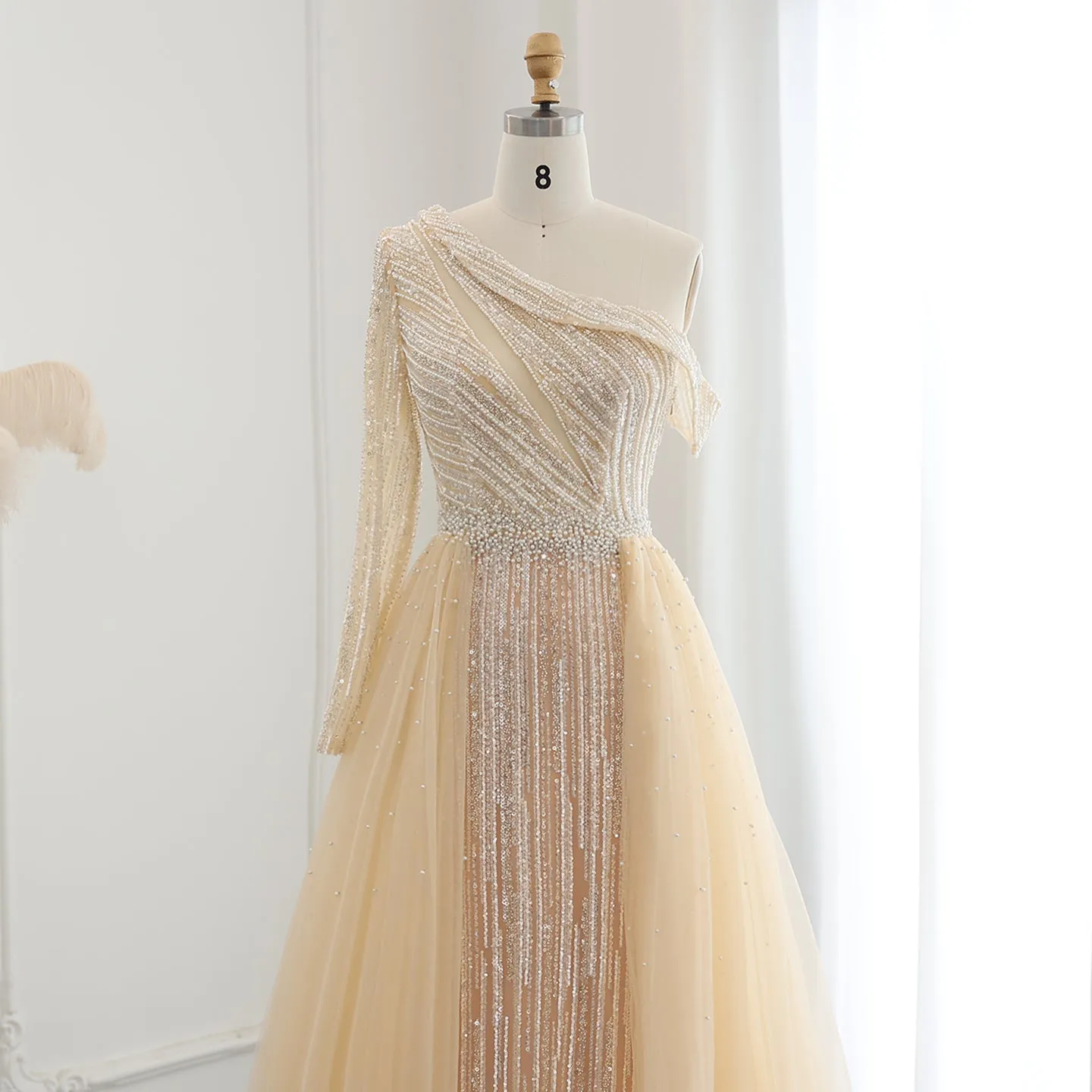 Luxury One Shoulder Beige Evening Dress with Overskirt SS161