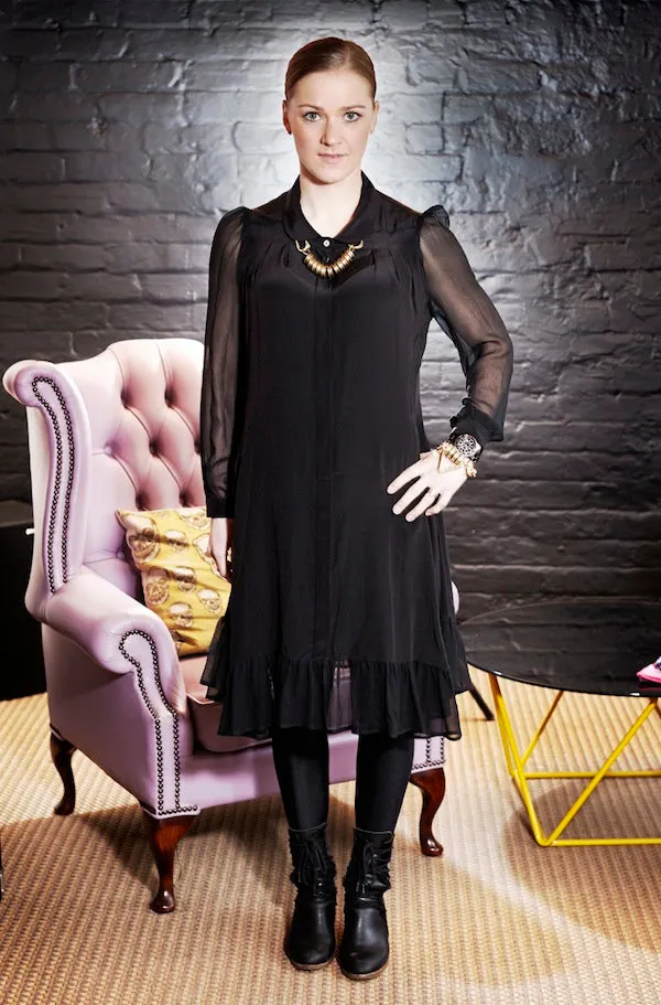 Outsider silk shirt dress with georgette sleeves in black