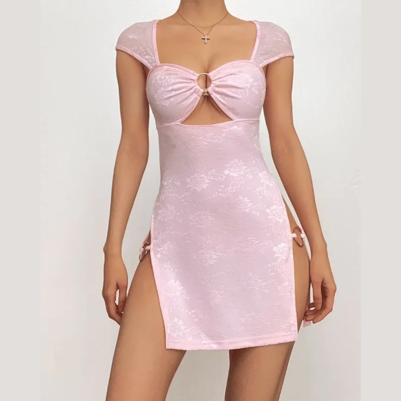 Short sleeve o ring high slit ruched hollow out cut out mini dress- Final Sale