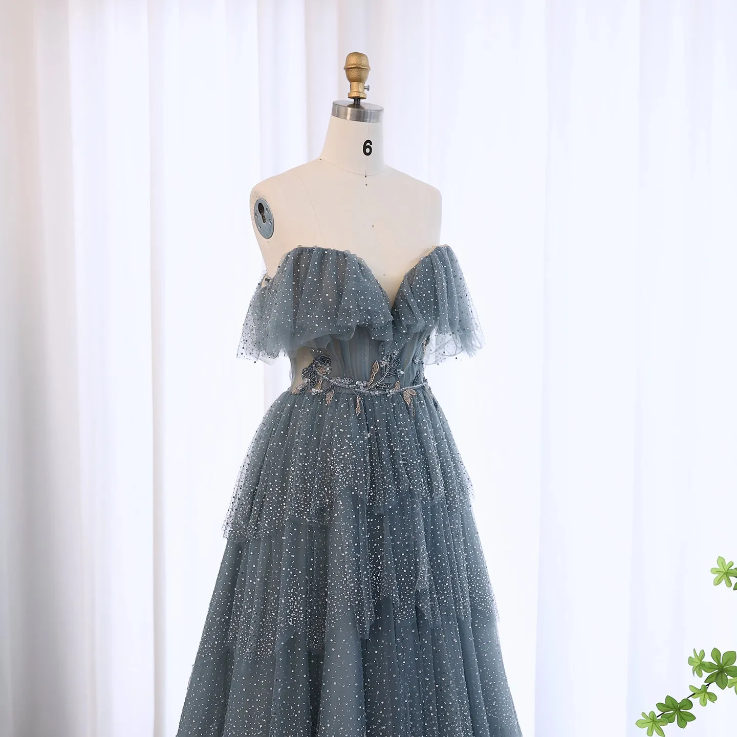 Sparkly Crystal Blue Ruffles Strapless Evening Dress SS017