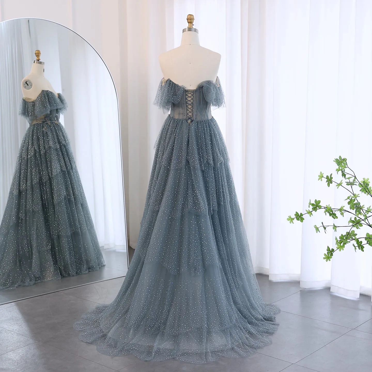 Sparkly Crystal Blue Ruffles Strapless Evening Dress SS017
