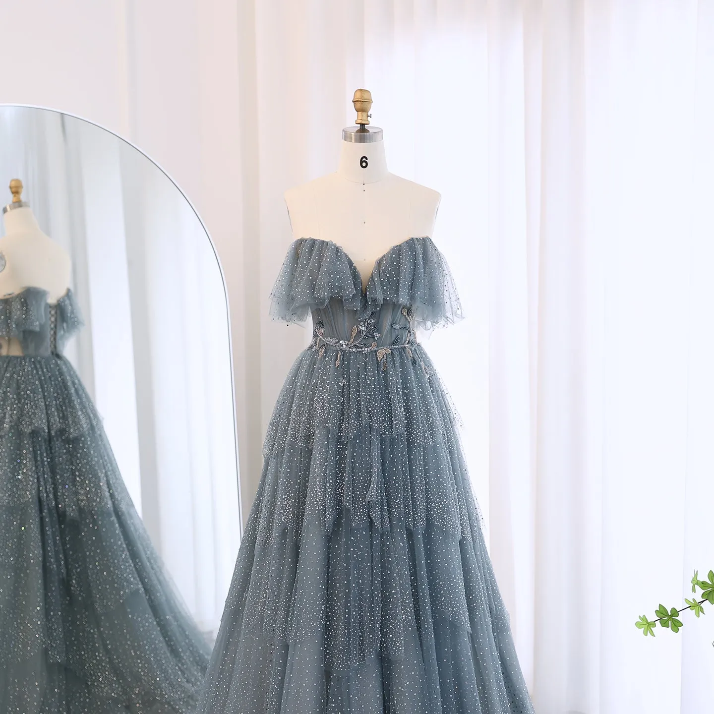 Sparkly Crystal Blue Ruffles Strapless Evening Dress SS017