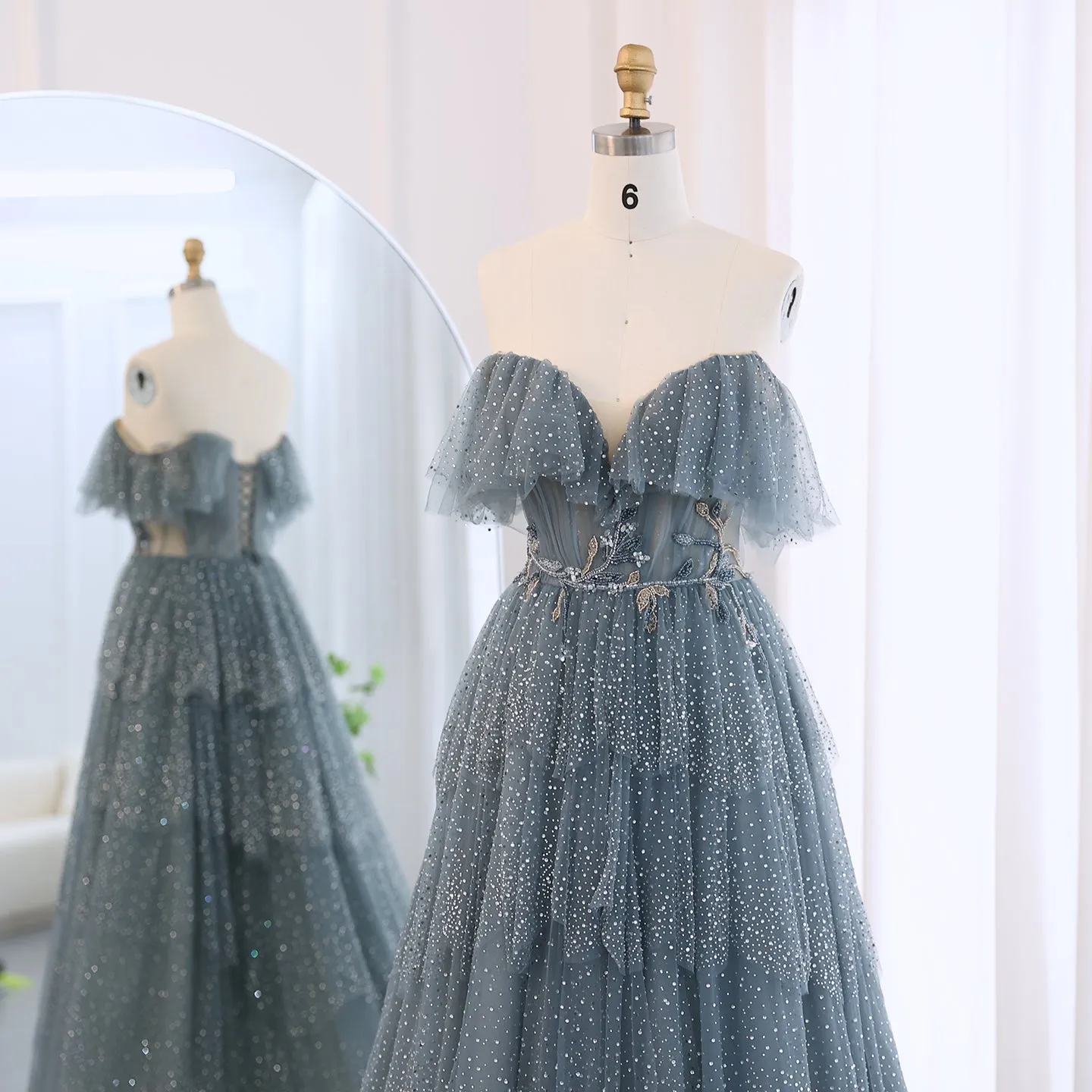 Sparkly Crystal Blue Ruffles Strapless Evening Dress SS017