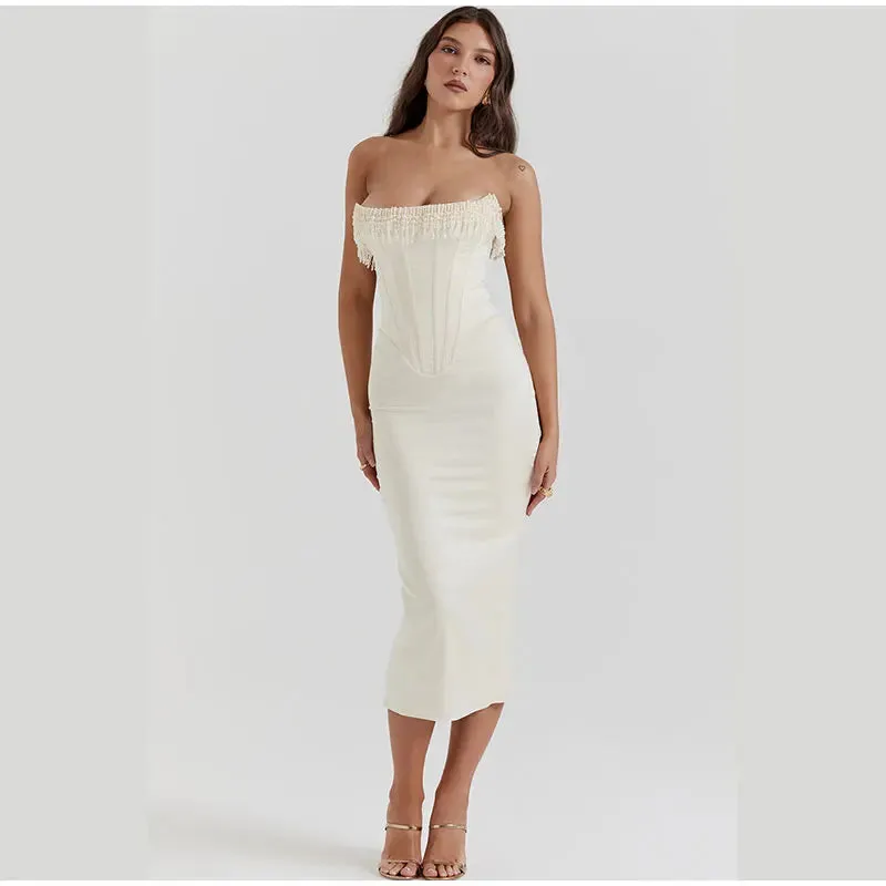 White Strapless Stylish Tassel Midi Dress