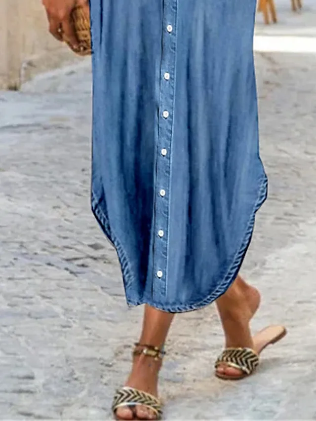 Women's Casual Dress Shift Dress Denim Shirt Dress Maxi long Dress Denim Fashion Basic Outdoor Daily Vacation V Neck Button Pocket Short Sleeve Summer Spring 2023 Regular Fit Blue Plain S M L XL 2XL